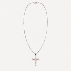 Indian Devotional Pendant - Silver Plated (45cm Chain)- Rose Quartz Crucifix