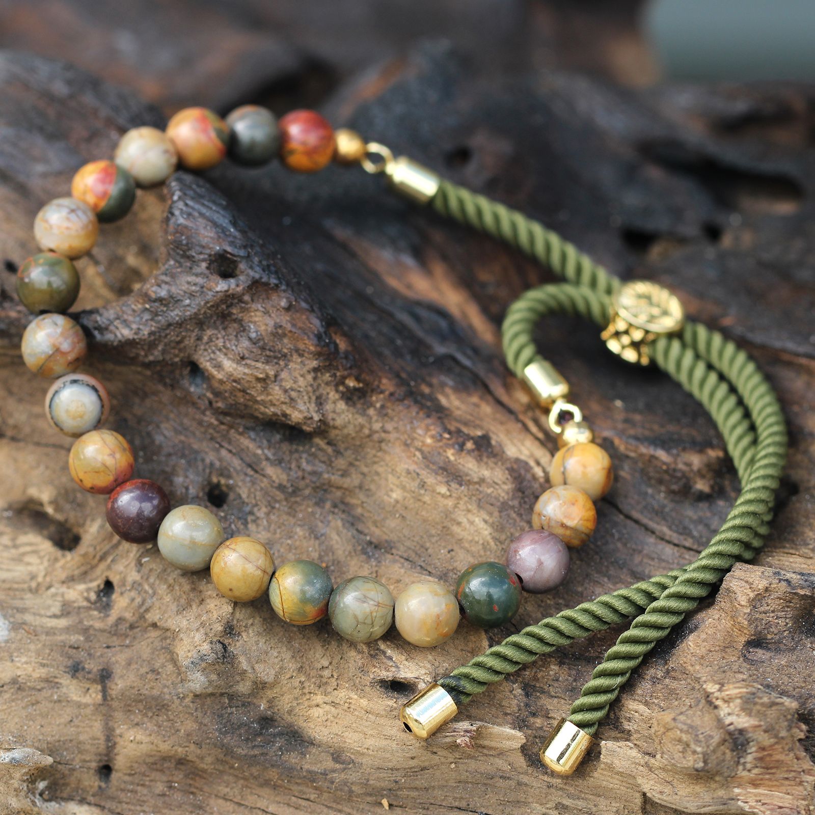 bG9jYWw6Ly9tZWRpYS85Si8yRC82MFIzMEMxRzZNV0syRDlKLzFhMjk5NWVjLmpwZWc.jpg 18K Gold Plated Gemstone Moss String Bracelet - Picasso Jasper - Image 2