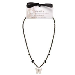 Nymph Black Obsidian Gemstone Necklace with Real Leaf Butterfly Pendant