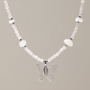 Nymph Rose Quartz Gemstone Necklace with Real Leaf Butterfly Pendant