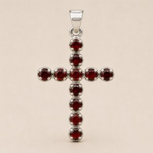 Indian Devotional Pendant - Silver Plated (45cm Chain)- Garnet Crucifix