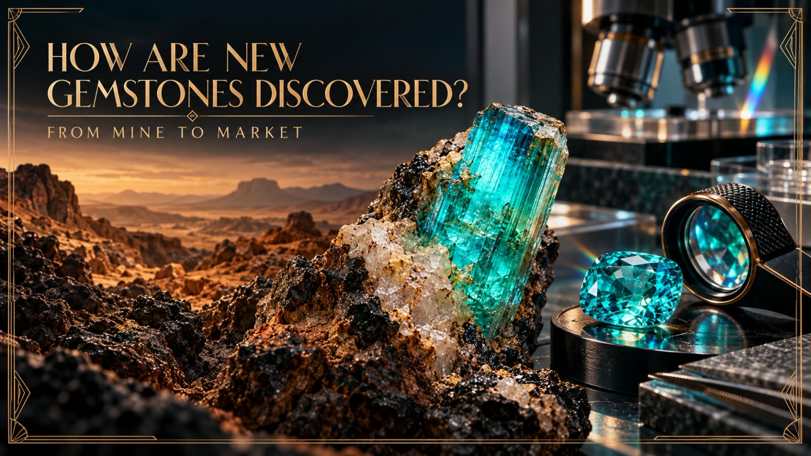 Gemmologist examining newly discovered coloured gemstones and rough crystals in a laboratory
