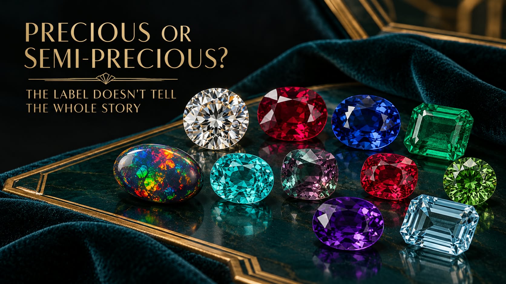 Precious and semi-precious gemstones arranged together, including diamond, ruby, sapphire, emerald, opal, tourmaline and garnet